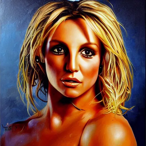 Prompt: detailed portrait of britney spears intricate, hyper detailed, realistic, oil painting, by julie bell, frank frazetta, cinematic lighting