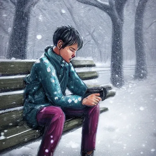 Image similar to young man crying on a park bench alone under falling snowflakes, trending on artstation