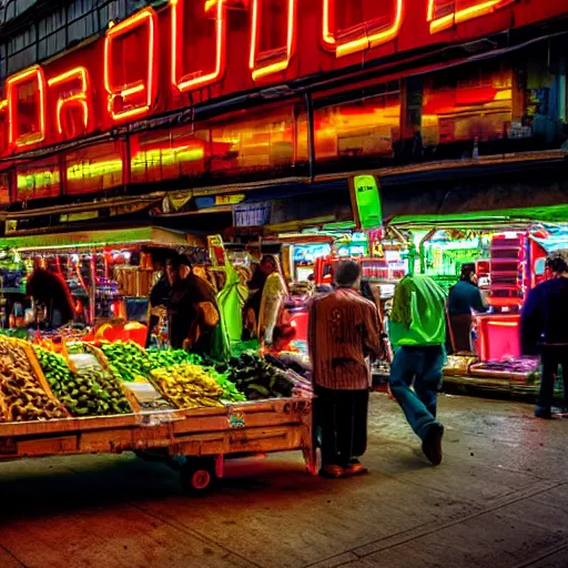 Prompt: futuristic market with neon signs and old wooden carts