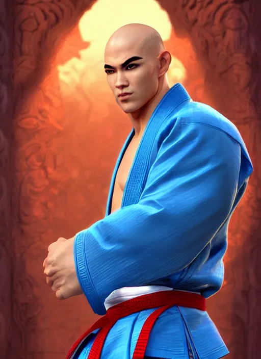 Image similar to male martial artist with a mostly shaved head and a high ponytail!!! asian facial features and blue eyes!! intricate ornate blue robes!! character concept art, sharp focus, octane render! unreal engine 5! highly rendered!! trending on artstation!! detailed linework!! illustration by artgerm, wlop, and chie yoshii