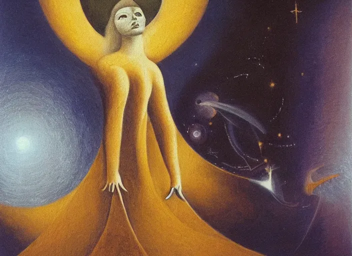 Image similar to an abstract painting of an ethereal goddess holding up the universe, by remedios varo, reflection, symbolist, soft colors, dramatic lighting!, smooth, sharp focus, extremely detailed, aesthetically pleasing composition