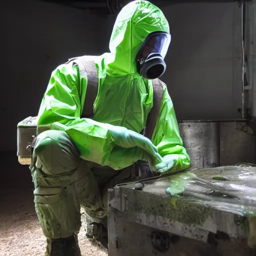 Prompt: a male hazmat soldier researching an green ooze, photgraphy