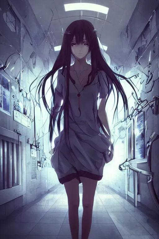 Prompt: Digital anime art by WLOP and Mobius, The hallway of a science complex, escaping test subject, a girl with dangerous psychic glow, wearing hospital gown, chains on wrists, angry expression, highly detailed, intriguing lighting