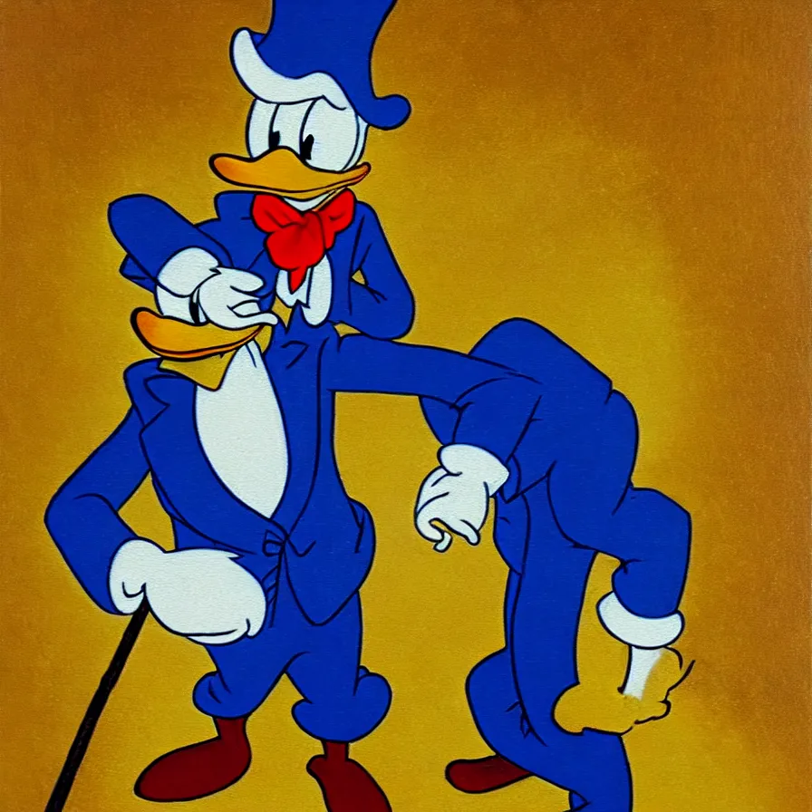 Image similar to Scrooge McDuck from the Duck Tales in blue costume standing on a mountain of golden gold and holding a cane, view from below, full body portrait including head, oil painting, highly detailed