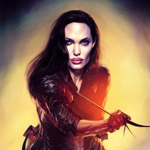 Image similar to Angelina Jolie as Lucifer Morningstar, highly detailed, digital painting, artstation, concept art, smooth, sharp focus, illustration, ArtStation, art by Katsuhiro Otomo and Tom Bagshaw