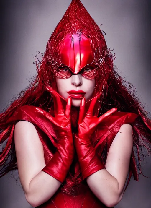 Image similar to photoshoot of lady gaga as the scarlet witch in wandavision , by nick knight, magazine, High resolution. Highly detailed. Dramatic. 8k.4k.