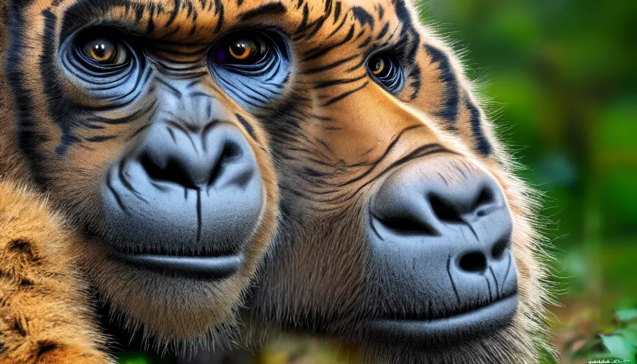 Image similar to a tiger gorilla!!! hybrid! hyper realistic!! realistic lighting!! wildlife photographer of the year!!! bold natural colors, national geographic, hd, wide angle, 8 k