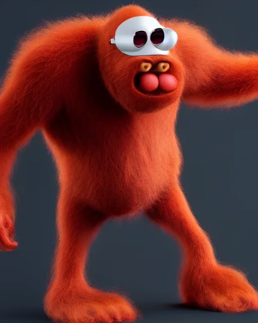 Prompt: 3 d render of completely red hairy friendly antropomorphic simple creature wearing chrome shades, without nose, full body, in the style of pixar, white background, unreal engine 5, octane render, highly detailed hdr