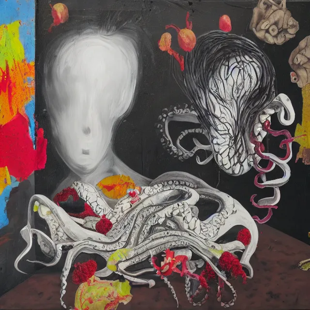 Image similar to empty room with black walls, a portrait of a female pathologist, octopus, mural, wilted flowers, squashed berries, neo - expressionism, surrealism, acrylic and spray paint and oilstick on canvas