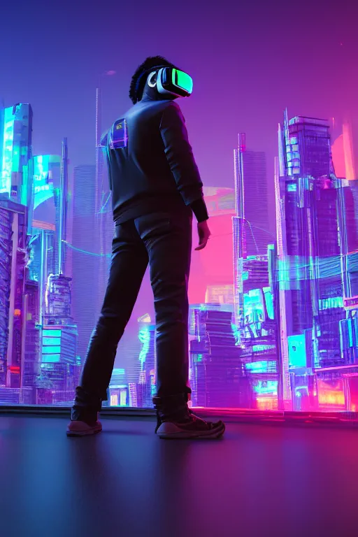 Prompt: cool cyberpunk dude with vr goggles, looking onto the city buildings, photorealism, night ambiance, vaporwave colors, neon glow on structures, highly detailed, trending on artstation, cinematic moody colors, 8 k, 4 k