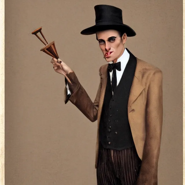 Image similar to photorealistic sepia kodachrome portrait of a 1 9 2 0 s era male magician, well dressed, long - tailed tuxedo coat, in the style of kai carpenter, atmospheric lighting, dark, brooding, painted, intricate, ultra detailed, well composed, best on artstation, cgsociety, epic, stunning, gorgeous, intricate detail, much wow, masterpiece