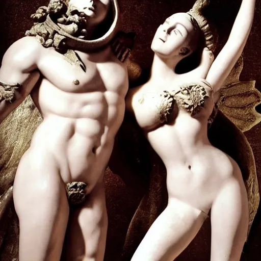 Image similar to The greek gods, Cupid and Psyche, fetish, full makup, medium shot. In the style of Helmut newton, robert maplethorpe, Stefano Brunesci, Lachlan Bailey, Herb Ritts, Ellen Von Unwerth, Haris Nukem, Sardax, Annie Leibovitz. detailed photo, hd, 4k, trending on artstation, 35mm, f1.8