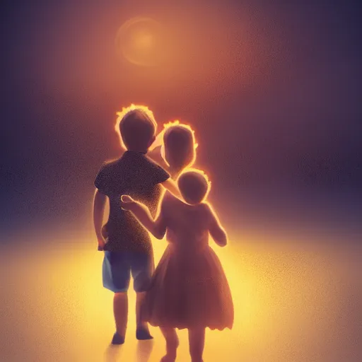 Image similar to sister and brother bond, love, full body, concept art trending on artstation, illustration, devianart, glowing effect, hyperdetailed, hyperreal, golden ratio, rule of thirds, 8 k