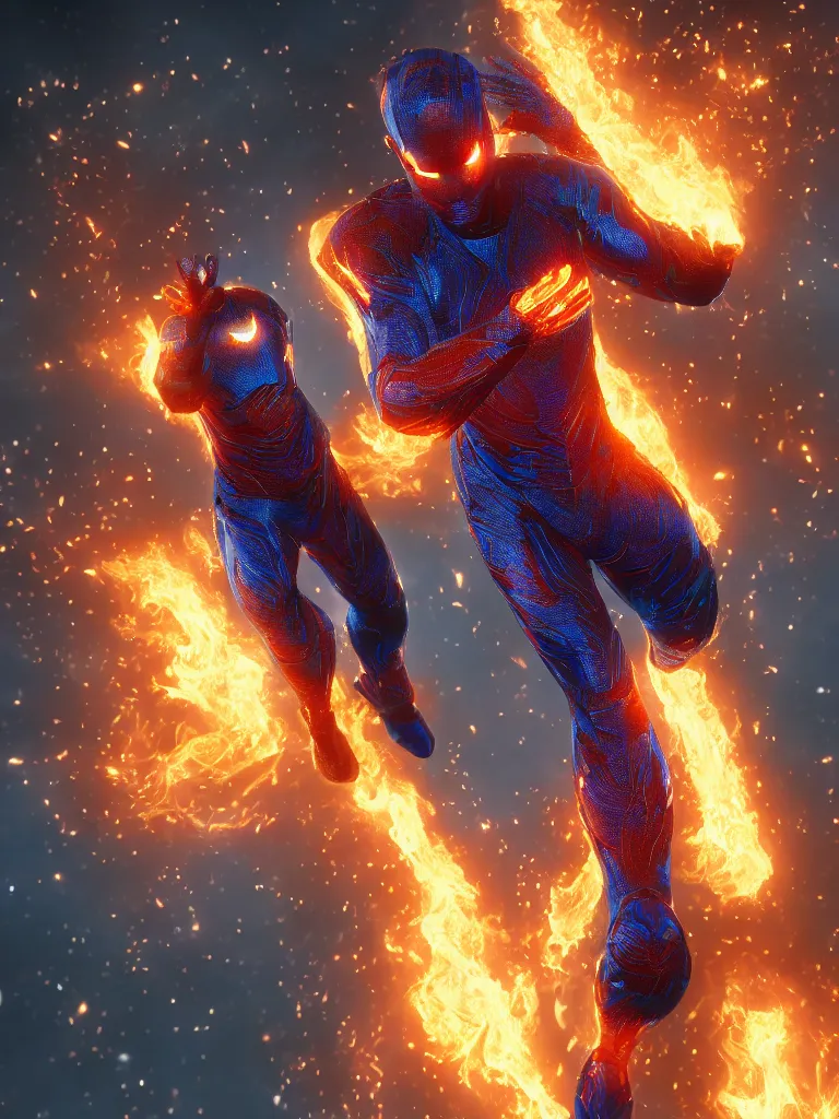 Prompt: human torch, intricate galaxy inlay, ultra high detail, plasma fire internal glow, precise, consciousness projection, astral projection, laser sharp, octane render, unreal render, photo real, 8k, volumetric lighting, high contrast,