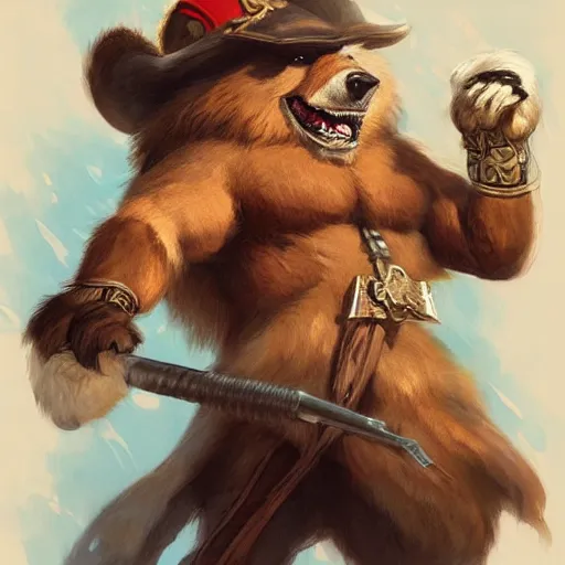 Image similar to dashing charming grinning charismatic bear beast-man rogue, wearing captain's tricorne hat, naval background, amazing, lifelike award winning pencil illustration trending on art station artgerm Greg rutkowski cinematic