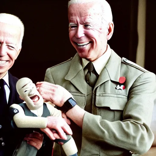 Image similar to UHD candid color photo of Klaus Schwab in Nazi uniform holding a Joe Biden ventriloquist dummy, accurate faces, UHD, photorealistic, correct face, photo by Annie Leibowitz