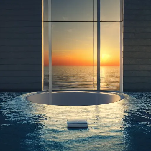 Image similar to a bathroom stall floating in the middle of the ocean, sunset, beautiful, ultra realistic digital art, 4k, cgsociety, HDR, Intricate