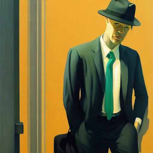 Image similar to Portrait of mr. detective wearing a business suit , very coherent, painted by Edward Hopper, Wayne Barlowe, painted by James Gilleard, airbrush, art by JamesJean