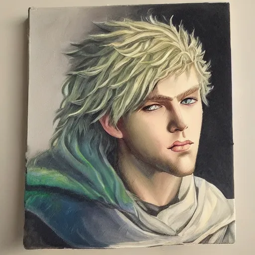 Image similar to oil painting of a beautiful platinum blond curly haired cleanshaven himbo with heterochromia, one blue eye one green eye, wearing heavy armor, d & d fantasy concept art