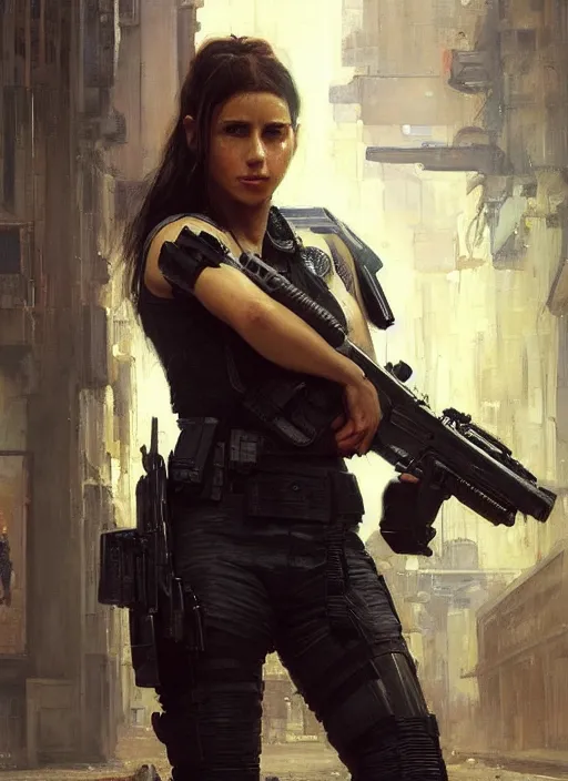 Image similar to 🤼♀. cyberpunk police trooper in a military vest ( blade runner 2 0 4 9, cyberpunk 2 0 7 7 ). orientalist portrait by john william waterhouse and james gurney and theodore ralli and nasreddine dinet, oil on canvas. cinematic, hyper realism, realistic proportions, dramatic lighting, high detail 4 k
