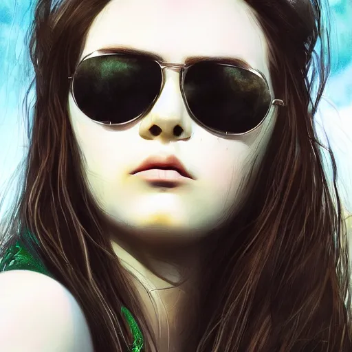 Prompt: portrait of a frowning cute girl, raven hair, perfect vibrant green eyes, sunglasses on head, dreamy makeup, pale white skin, ultra realistic, cinematic lighting, depth of field, artstation, Seb McKinnon, Artgerm