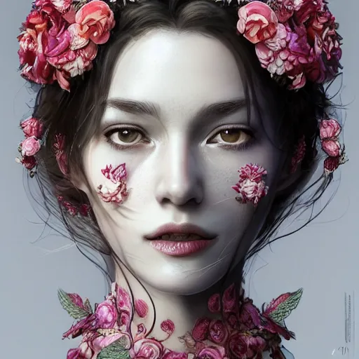 Prompt: the face of an absurdly beautiful, graceful, elegant, sophisticated mature woman of strawberries and white petals with tears, an ultrafine hyperdetailed illustration by kim jung gi, irakli nadar, intricate linework, bright colors, octopath traveler, final fantasy, unreal engine 5 highly rendered, global illumination, radiant light, detailed and intricate environment