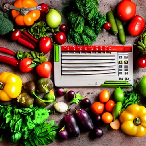 Image similar to film still of fresh fruits and vegetables making beats on an mpc