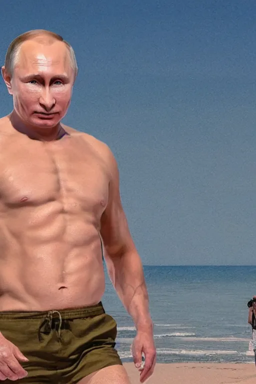 Image similar to Putin on a beach in shorts, full character, hyper realistic, highly detailed