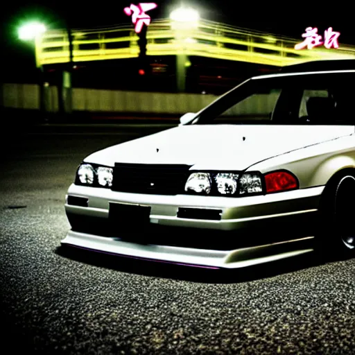 Image similar to a car JZX100 twin turbo at illegal car meet, Chiba prefecture, city midnight mist lights, photorealistic, highly detailed, 50MM