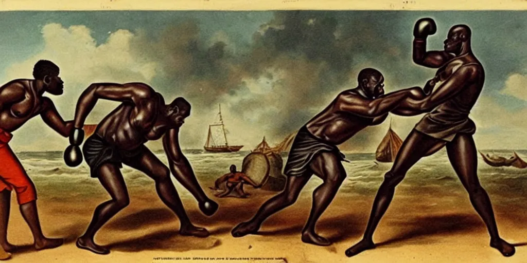 Prompt: giant african man punching a slave ship