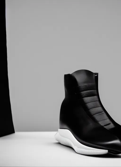 Prompt: hyperrealistic and heavy detailed product photo rick owens shoe of batman, in front of white back drop, whole shoe is in picture, leica sl 2 5 0 mm, vivid color, high quality, high textured, real life