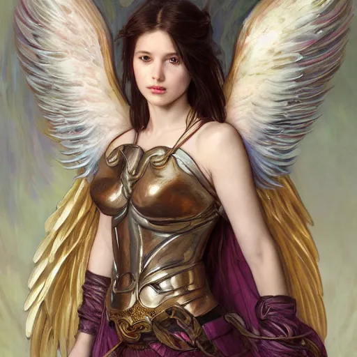 Image similar to portrait of young aasimar angel girl maiden wearing comfy leather armor with beautiful feathered angel wings by Yoshitaka Amano and artgerm and greg rutkowski and alphonse mucha and andrei riabovitchev and Rossdraws and Bluesssatan and Mandy Jurgens and Stjepan Sejic, 4k oil on linen, vivid colors, colorful, photorealistic, high dynamic range, HDR, intricate, elegant, highly detailed, digital painting, artstation, concept art, smooth, sharp focus, illustration, mid-shot, medium shot, hyperdetailed