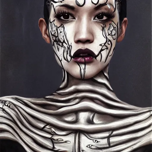 Image similar to Kiko Mizuhara body and face painted 100% silver all over, physically accurate, very very very dramatic dynamic lighting, intricate, elegant, highly detailed, digital painting, artstation, very hyperrealistic, HR GIGER, Hieronymus Bosch, Francis Bacon, concept art, smooth, sharp focus, illustration, very melancholy, very somber, very unnerving, unsettling, art by artgerm and greg rutkowski and alphonse mucha