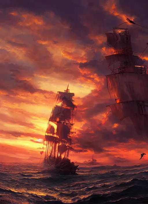 Prompt: a pirate ship soaring through the air majestically at magic hour, volumetric lighting, beautiful sunset painted by raymond swanland