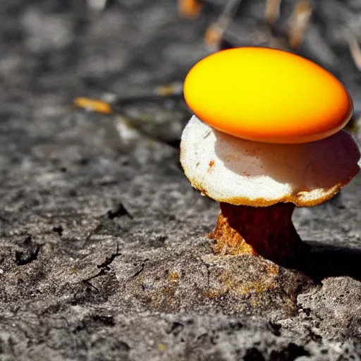 Prompt: a toadstool that looks like a fried egg. nature photography.