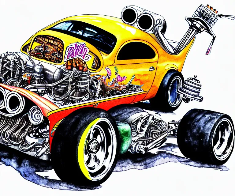 Image similar to roth's drag nut fuel, a pigeon driving a mega - suped - up - hotrod, oversized engine, ratfink style, ed roth, centered, watercolor pen illustration