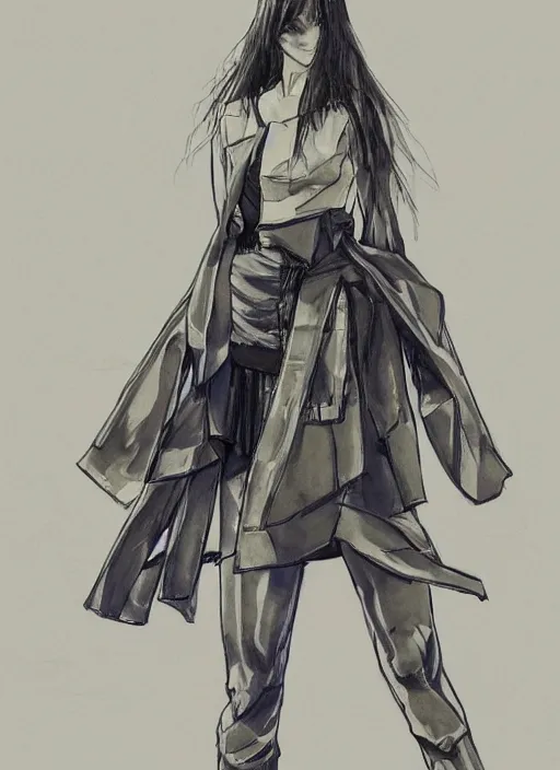 Image similar to a yoji shinkawa full body sketch of an architect girl with long hair and skinny legs wearing a puffy japanese kimono designed by balenciaga, a short holographic skirt and yeezy 5 0 0 sneakers