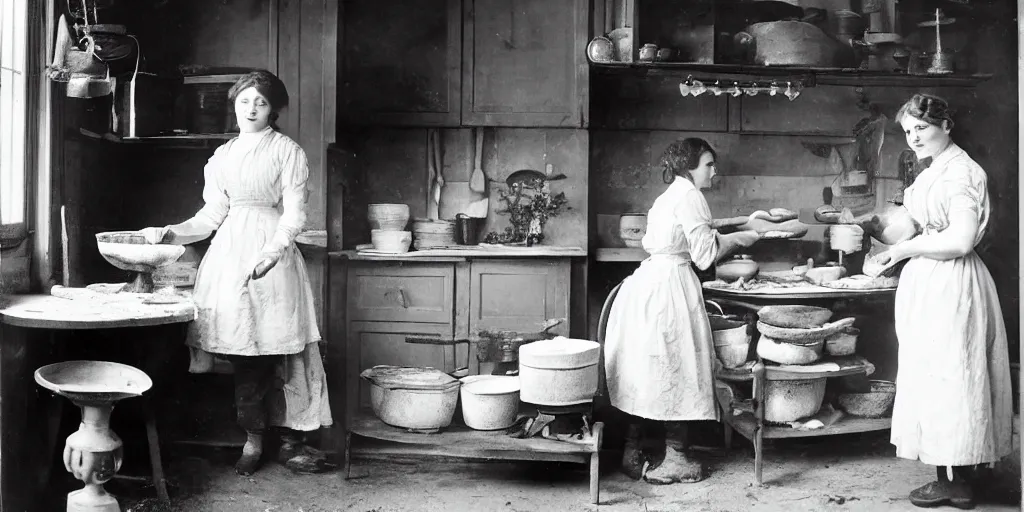 Image similar to a young edwardian woman baking bread in a cozy french kitchen