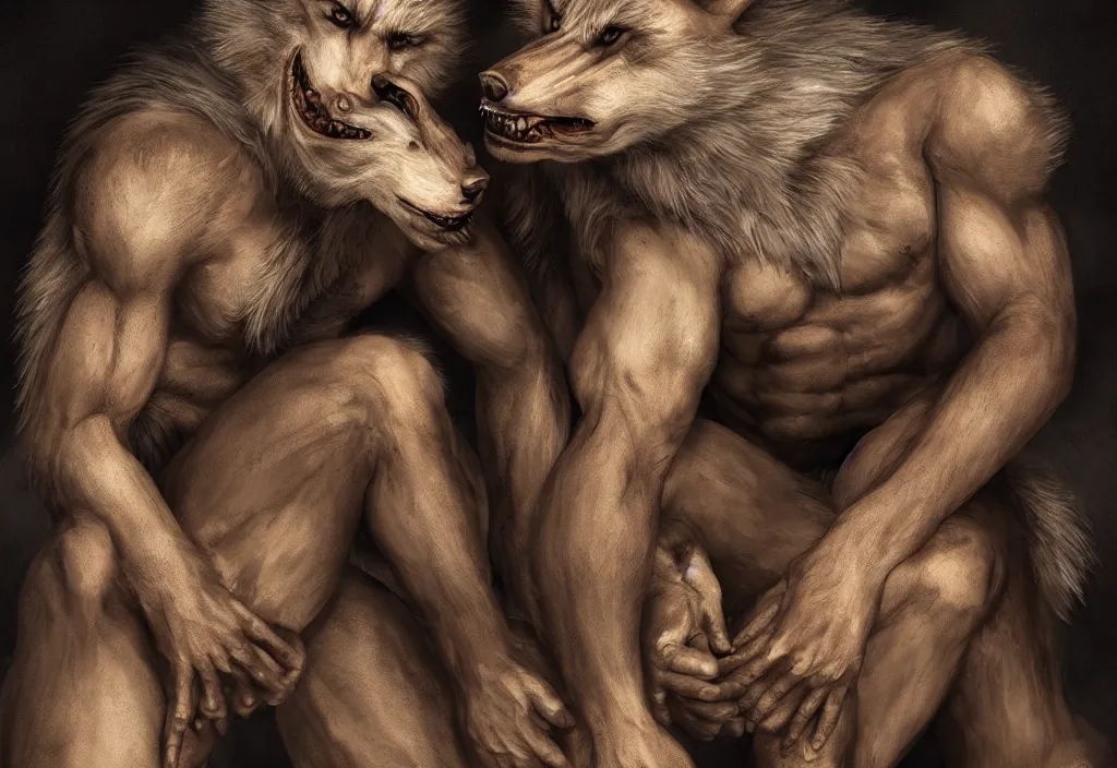 Image similar to Portrait of a two-headed werewolf sitting down, detailed face, bare thighs, fantasy, highly detailed, cinematic lighting, digital art