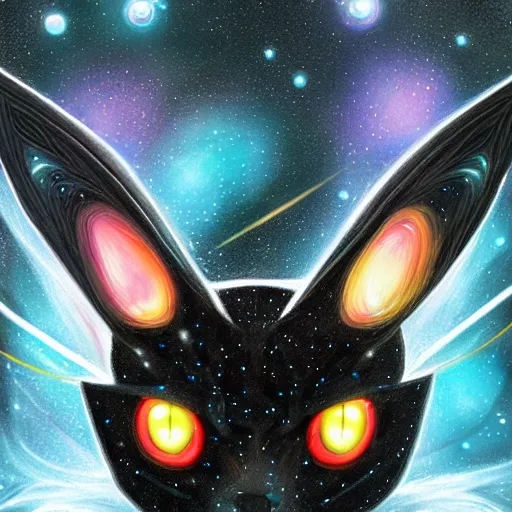 Image similar to geometric symmetrical umbreon with galaxy eyes in space, nebula in the background, intricate, elegant, highly detailed, digital painting, artstation, concept art, smooth, sharp focus, illustration, art by artgerm