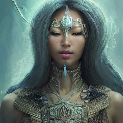 Image similar to ultra realistic illustration of asian beauty cj miles as a cyber shamanic witch casting am elderit h spell, intricate, elegant, highly detailed, digital painting, artstation, concept art, smooth, sharp focus, illustration, art by artgerm and greg rutkowski and alphonse mucha