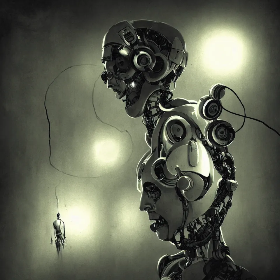 Image similar to robot with a headphone by ben templesmith, dynamic lighting, cinematic, epic composition, masterpiece