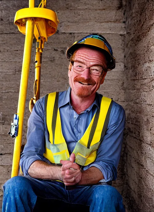 Image similar to closeup portrait of cheerful bryan cranston with a long crane neck, construction, yellow hardhat, sitting in a crane, natural light, bloom, detailed face, magazine, press, photo, steve mccurry, david lazar, canon, nikon, focus