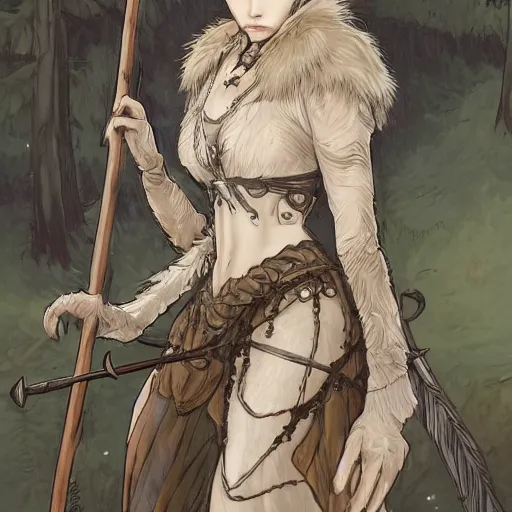 Image similar to detailed 2 d fantasy picture a woman with gray hear, using dead lion costume jacket, and holding long stick in the style of artgerm and greg rutkowski and alphonse mucha