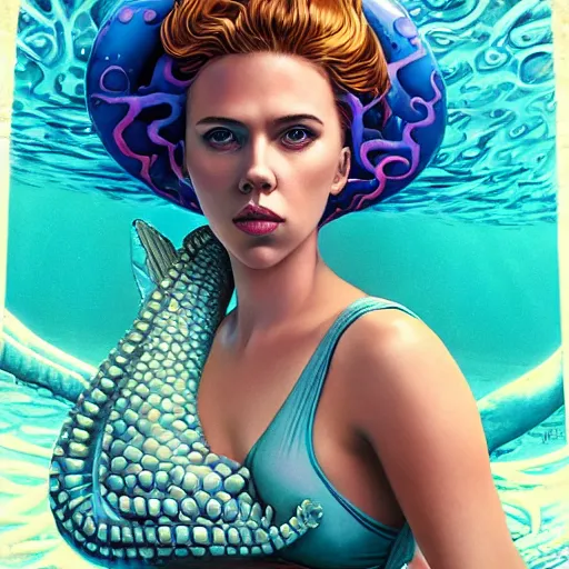 Image similar to lofi underwater mermaid portrait of scarlett johansson in swimsuit with a giant octopus, Pixar style, by Tristan Eaton Stanley Artgerm and Tom Bagshaw.