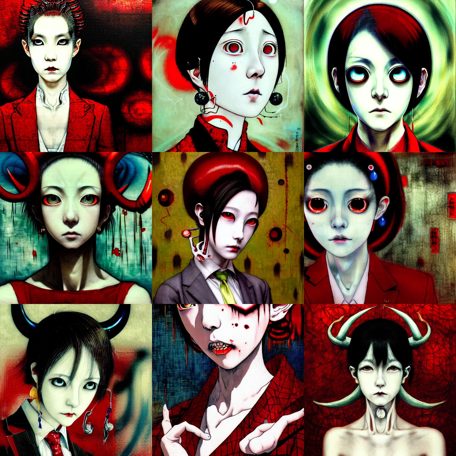 Prompt: yoshitaka amano blurred and dreamy realistic three quarter angle horror portrait of a sinister young woman with short hair, horns, big earrings and red eyes wearing office suit with tie, junji ito abstract patterns in the background, satoshi kon anime, noisy film grain effect, highly detailed, renaissance oil painting, weird portrait angle, blurred lost edges