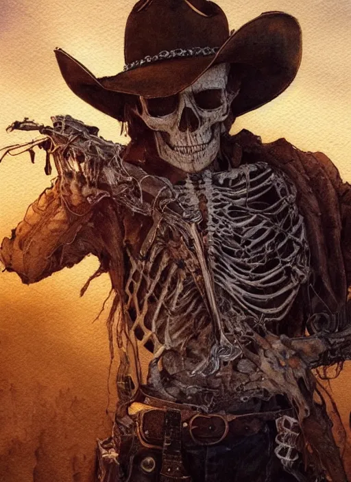 Image similar to portrait, A wounded skeleton cowboy watching the sunset, watercolor, dramatic lighting, cinematic, establishing shot, extremely high detail, foto realistic, cinematic lighting, pen and ink, intricate line drawings, by Yoshitaka Amano, Ruan Jia, Kentaro Miura, Artgerm, post processed, concept art, artstation, matte painting, style by eddie mendoza, raphael lacoste, alex ross