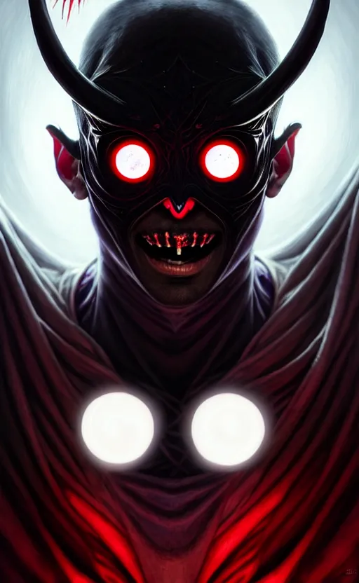 Image similar to a striking portrait of a pitch black masked eldritch shaman with sinister red eyes by moebius and ross tran and artgerm, detailed artwork, realism, 4 k resolution, detailed, high quality, sharp focus, hq artwork, insane detail, volumetric lighting, character concept art, fine details, tarot card, clear subject