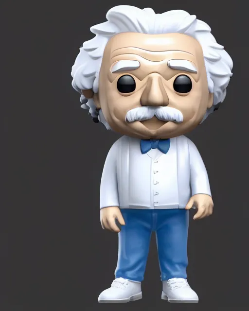 Prompt: full body 3 d render of albert einstein as a funko pop!, four, studio lighting, white background, single body, t pose, no shadow, blender, trending on artstation, 8 k, highly detailed