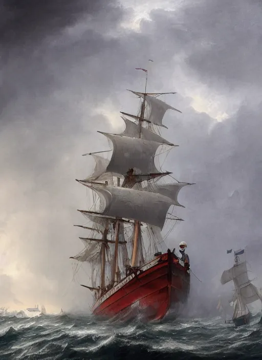 Image similar to close - up portrait of a male sailor with two peglegs and two hook hands in foreground, fat obese seaman with beard, steering the rudder wheel of a wooden galleon tallship through a rain and lightning storm. view from on deck, sails masts rigging ropes pulleys, detailed dynamic light painting by peter mohrbacher